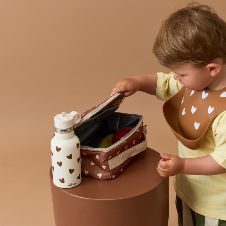 Lunch bag isotherme - Coeurs beige / Fond marron