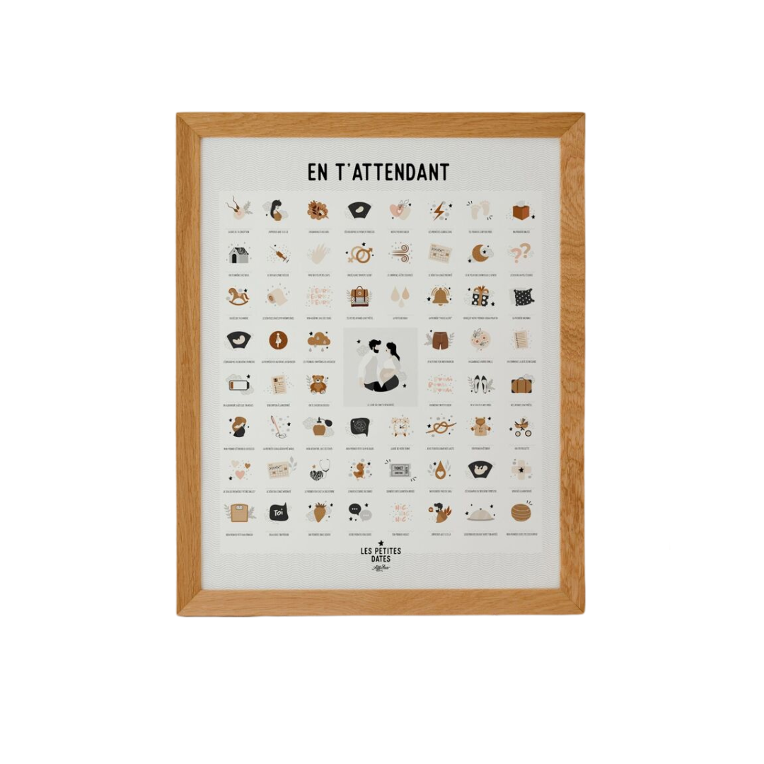 Affiche encadrée en bois "En t'attendant" pour annonce de grossesse