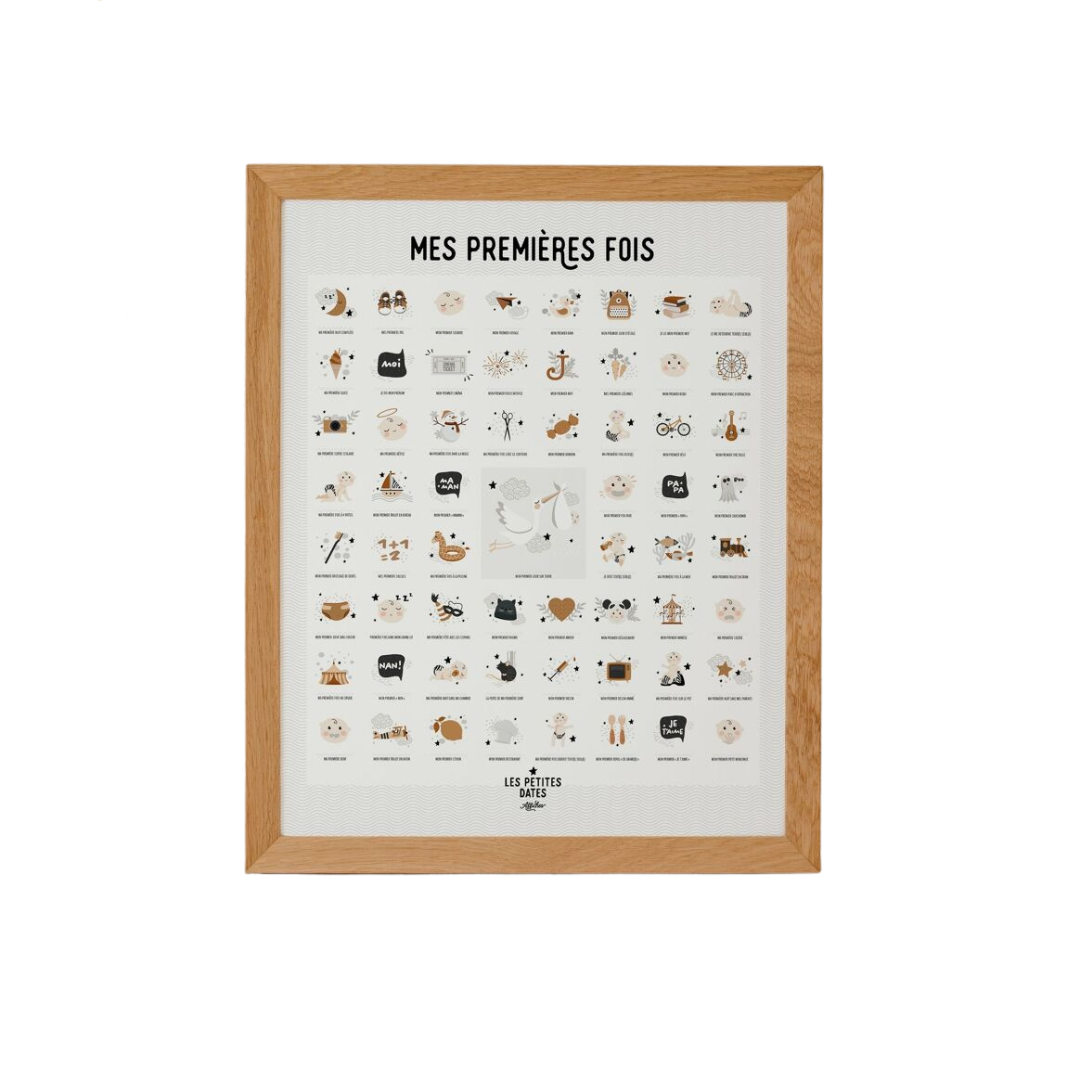 Affiche encadrée en bois "Mes Premières Fois" à gratter pour bébé