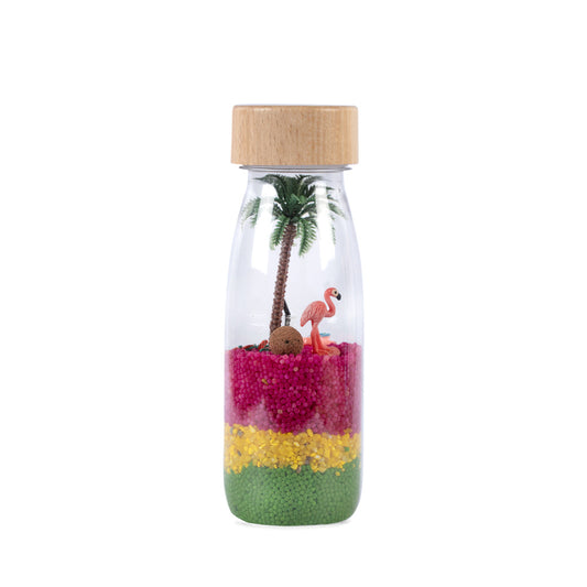 Bouteille sensorielle Flamingo avec sable rose et jaune et figurine de flamant rose
