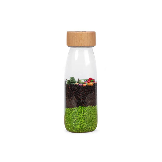 Bouteille sensorielle Veggies avec perles vertes et noires, vue produit