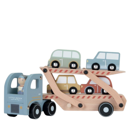 Camion porte-voitures en bois chargé de 3 petites voitures en bois