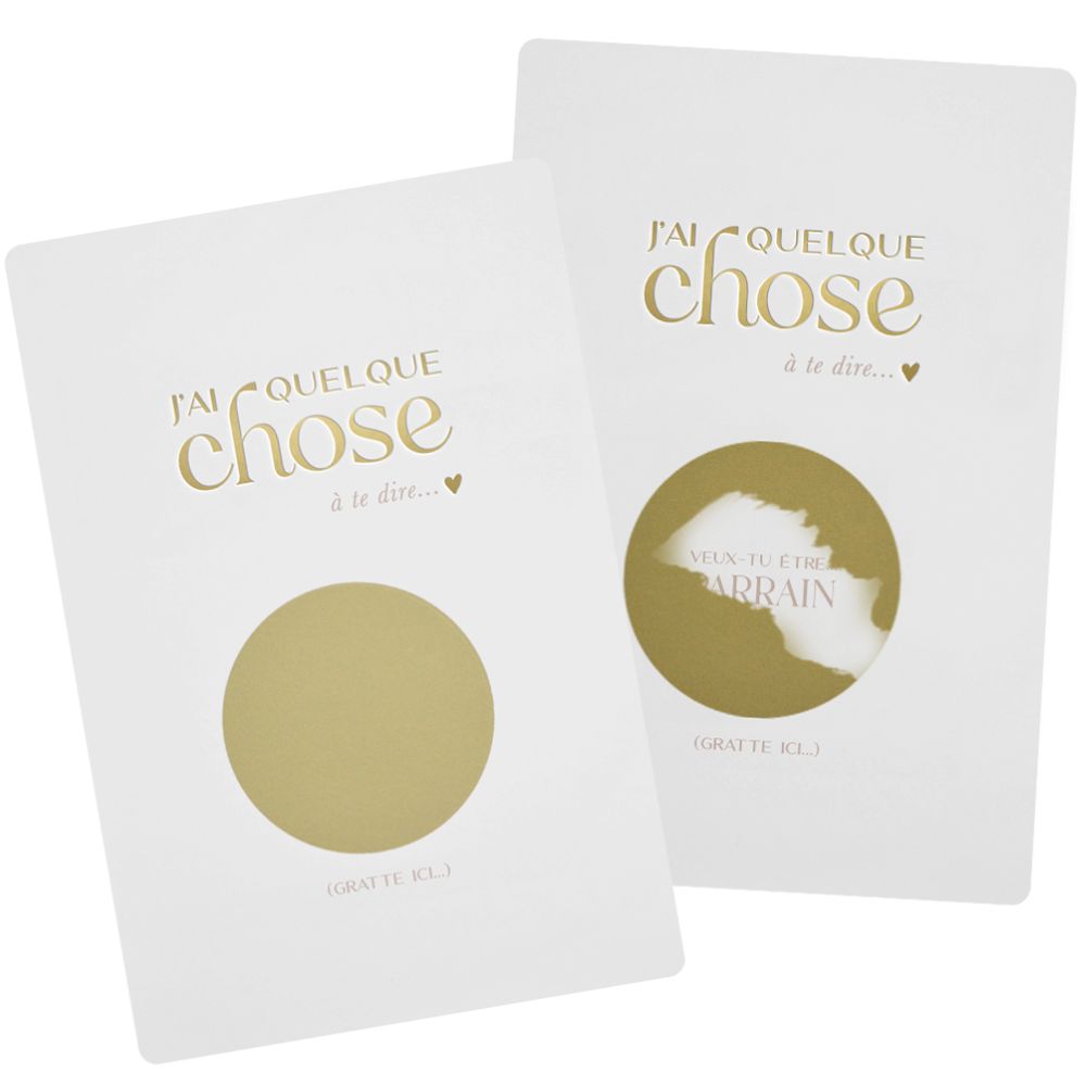 Cartes à gratter "Veux-tu être mon parrain" avant et après grattage du cercle doré