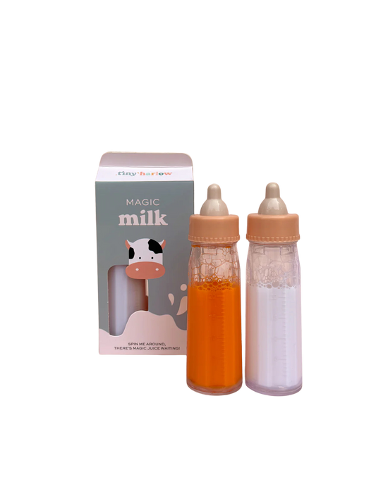 Duo de Biberons Magiques pour poupée – Lait & Jus de fruits