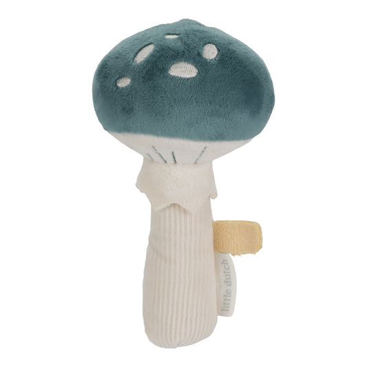 Hochet peluche en forme de champignon bleu canard à pois blancs