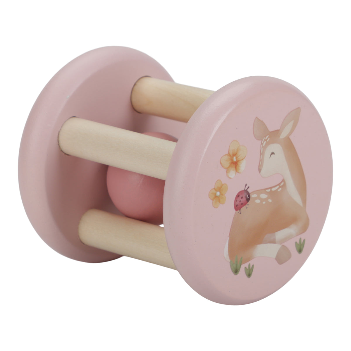 Hochet roulant en bois rose avec perles et tiges, gros plan