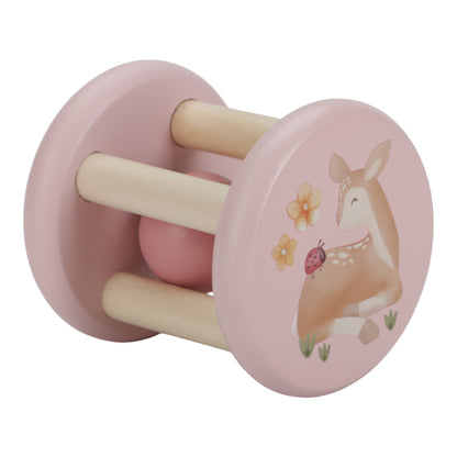 Hochet roulant en bois rose avec perles et tiges, gros plan