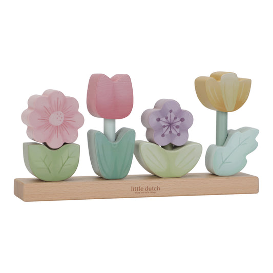 Jouet à empiler en bois en forme de fleurs pastel sur socle, Little Dutch