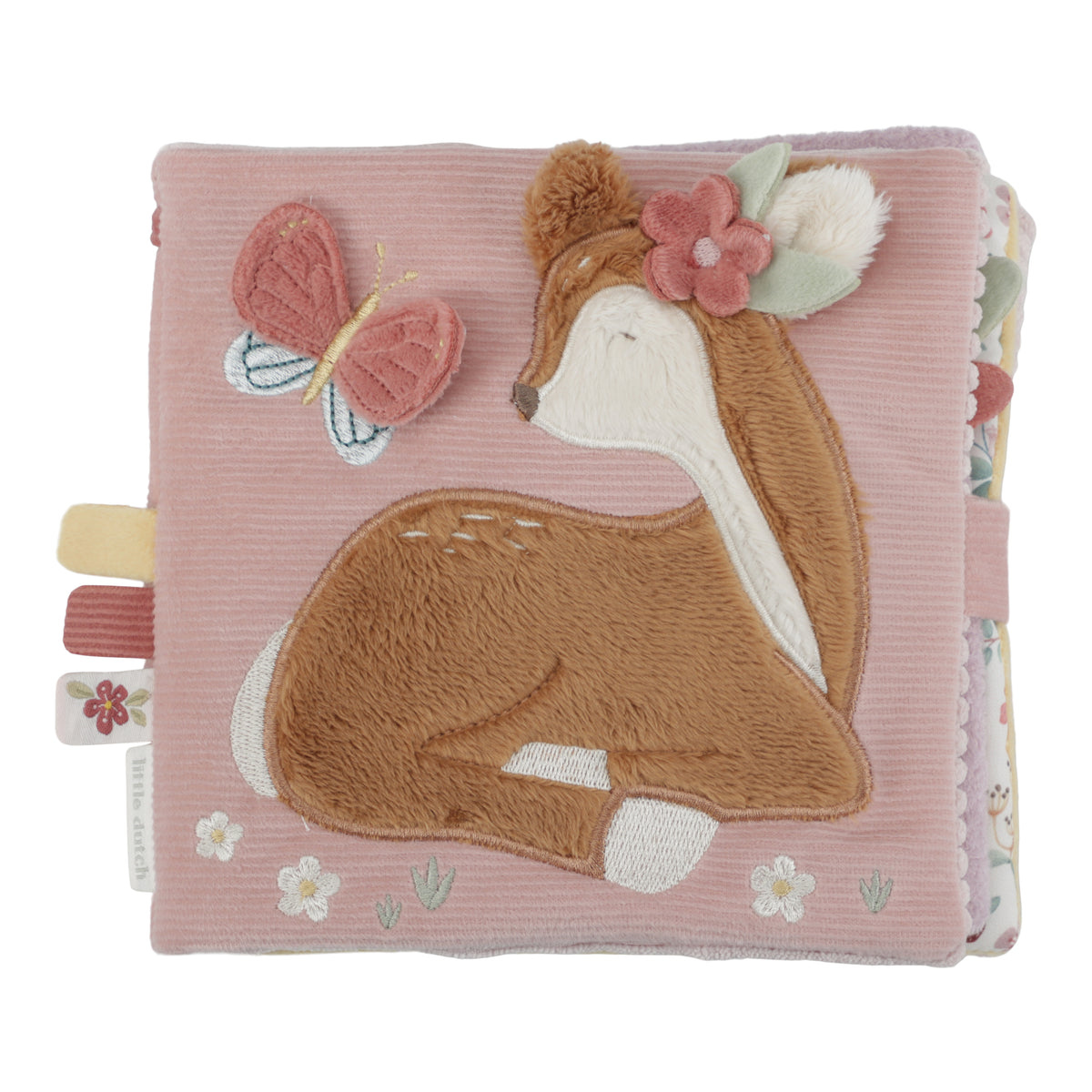 Livre en tissu Fairy Garden en velours rose illustré d'un faon et d'un papillon