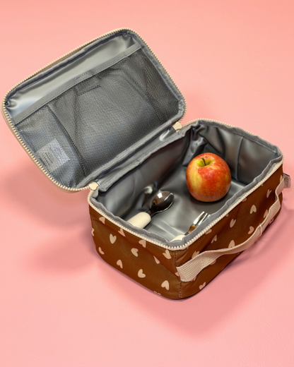 Lunch bag isotherme - Coeurs beige / Fond marron